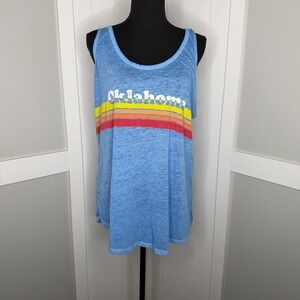 Home Free Tank Top Women 2X Blue Oklahoma Graphic Retro Stripe Slub Knit